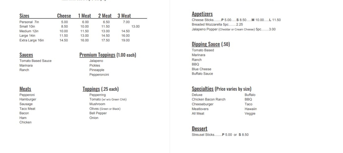 Kids Kingdom Arcade and Pizza Menu