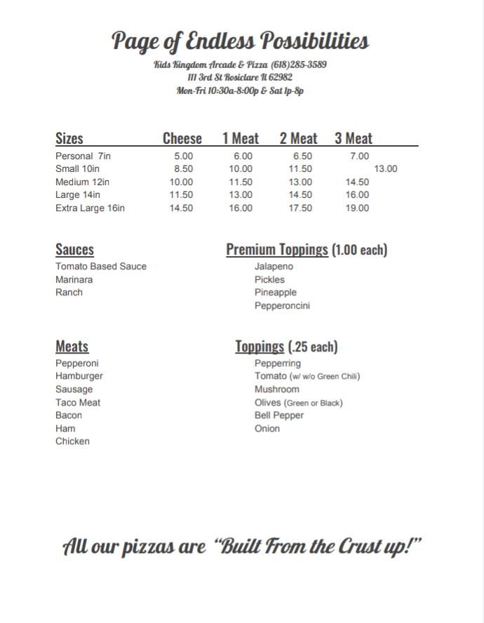 Kids Kingdom Arcade and Pizza Menu image 1